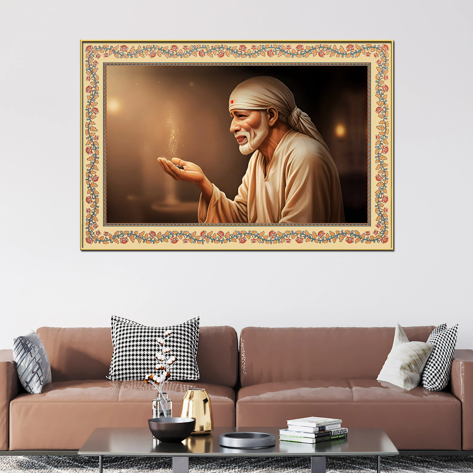 Sacred Shirdi Sai Baba Floral Border Canvas Wall Painting - Image 3