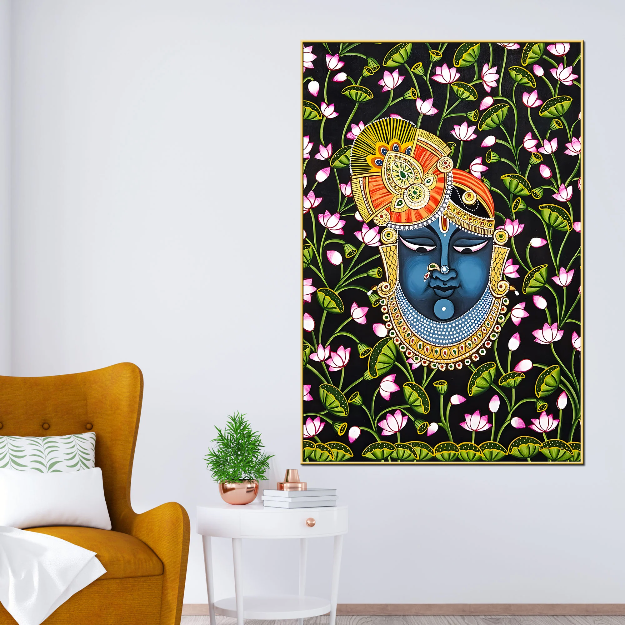 Sacred Shree Krishna Face Dark Floral Themed Indian Canvas Wall Painting - Image 2