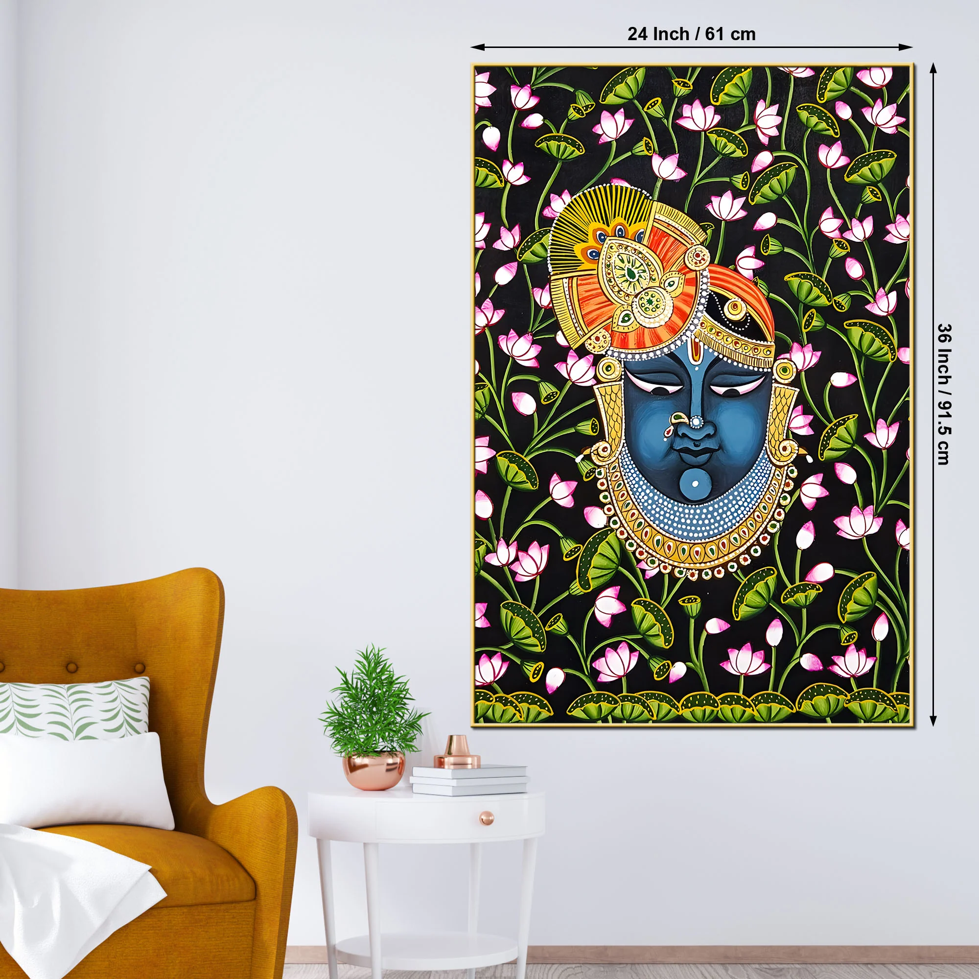 Sacred Shree Krishna Face Dark Floral Themed Indian Canvas Wall Painting - Image 5
