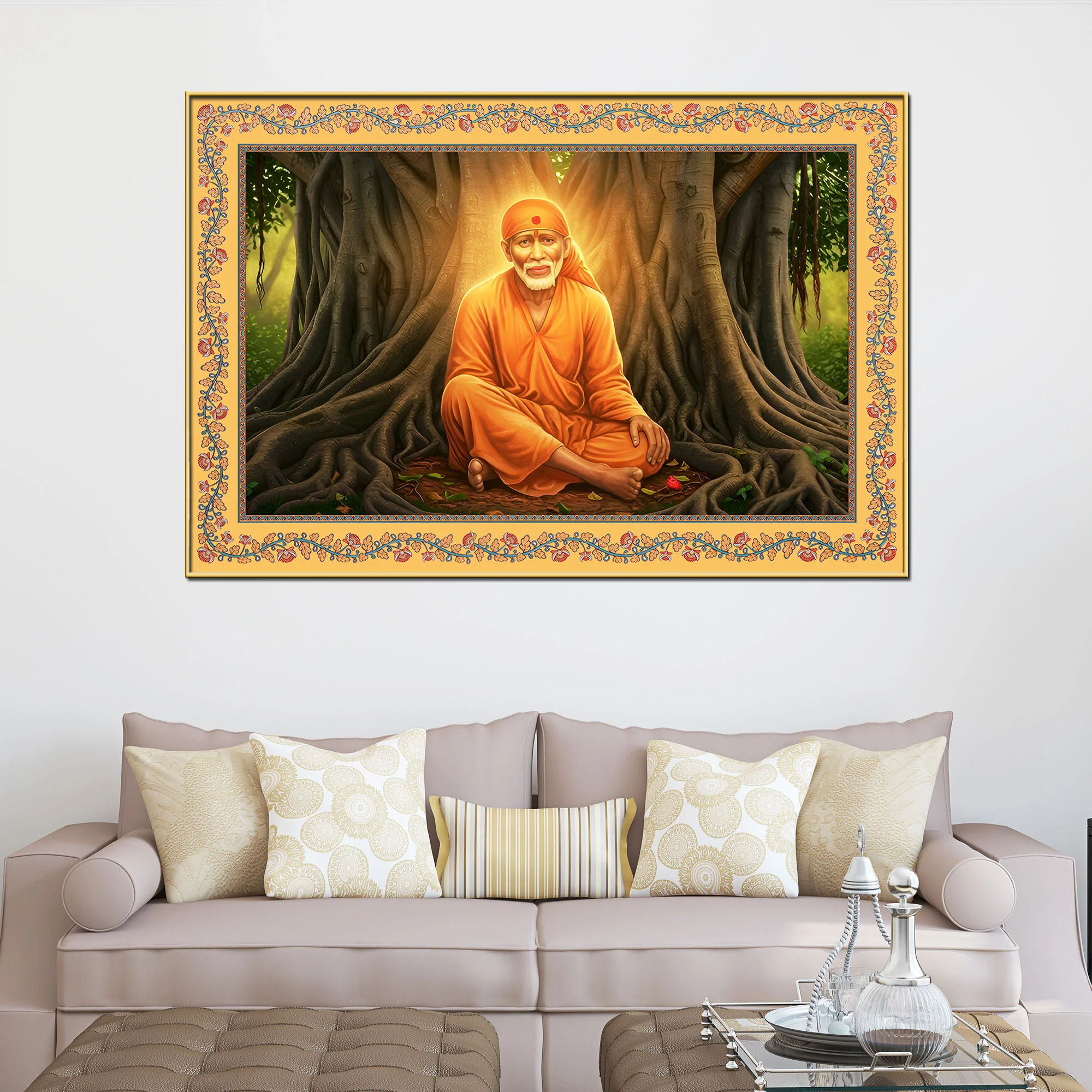 Sai Baba Under the Tree Floral Border Canvas Wall Painting - Image 3
