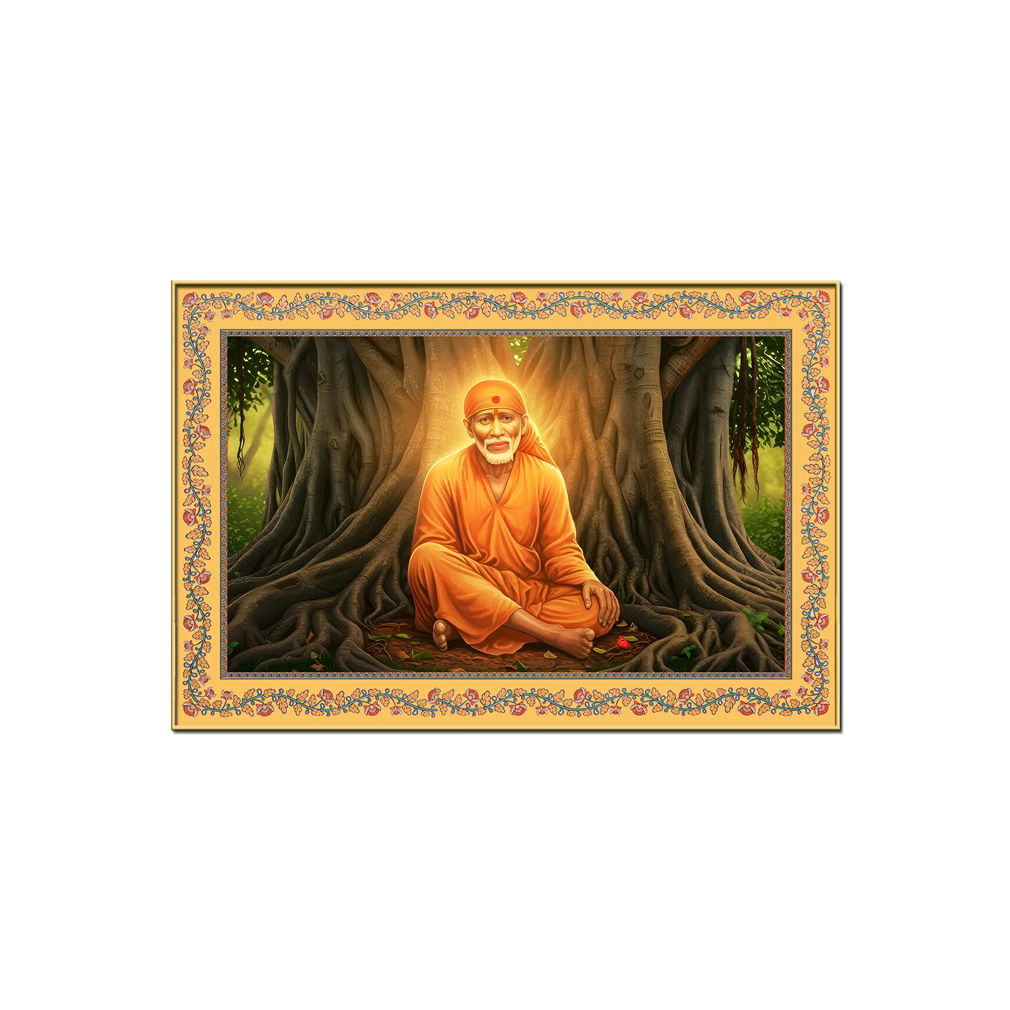 Sai Baba Under the Tree Floral Border Canvas Wall Painting - Image 4