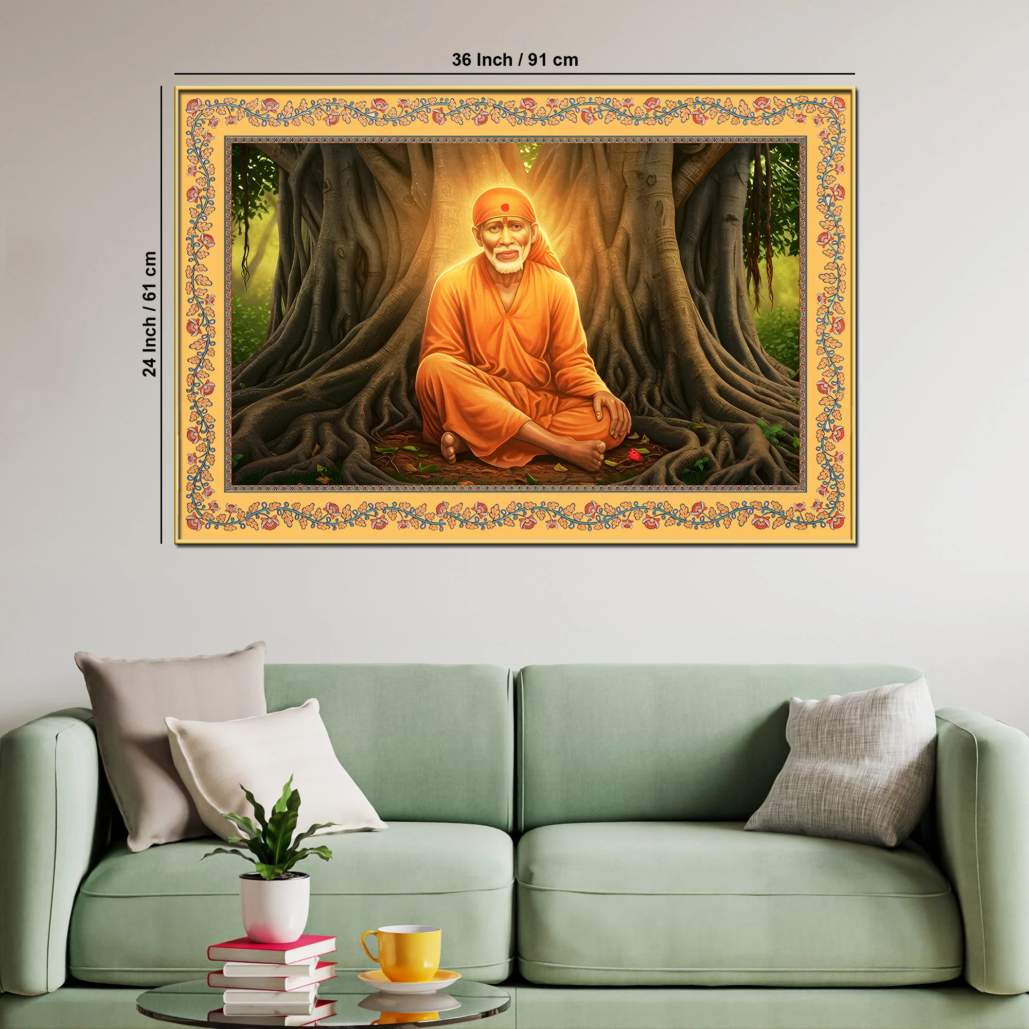 Sai Baba Under the Tree Floral Border Canvas Wall Painting - Image 6
