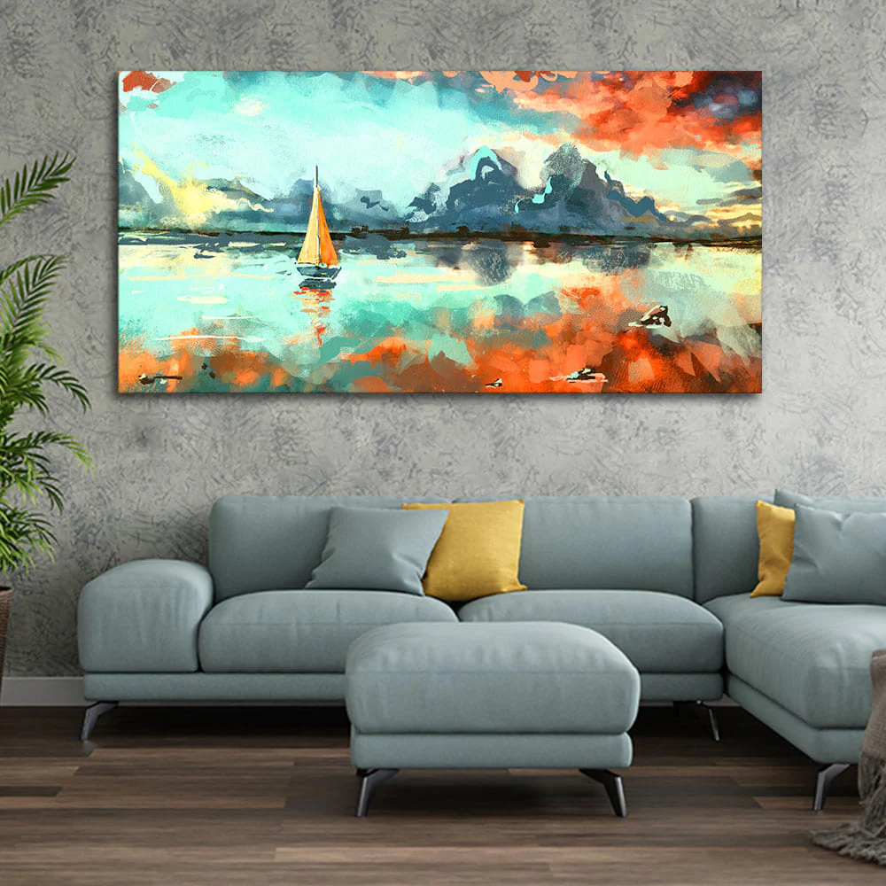 Sailing Boat in Lake at Sunset Premium Canvas Wall Painting - Image 2