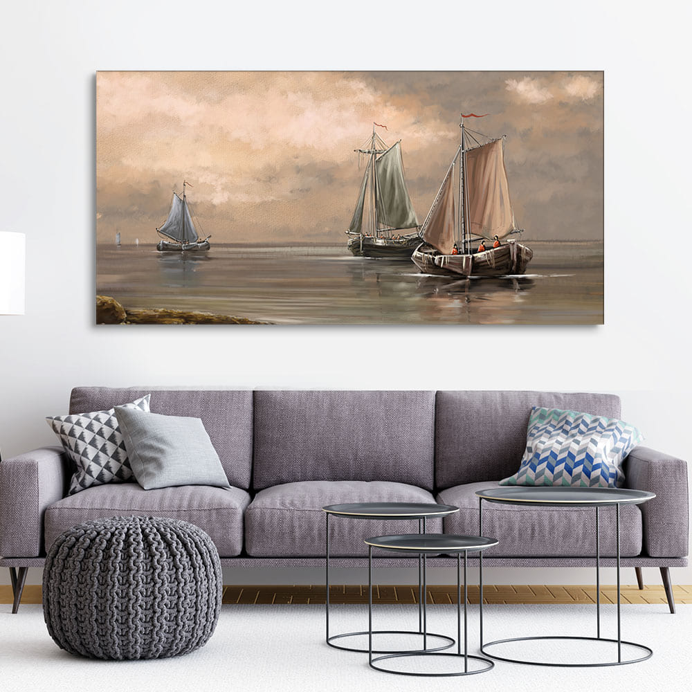 Sailing Boat on the Sea landscape with Fisherman Wall Painting - Image 2