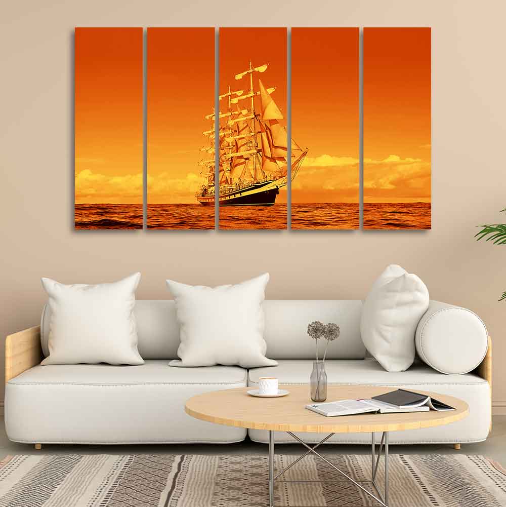 Sailing Ship in Golden Hour Premium Wall Painting Set of Five - Image 2