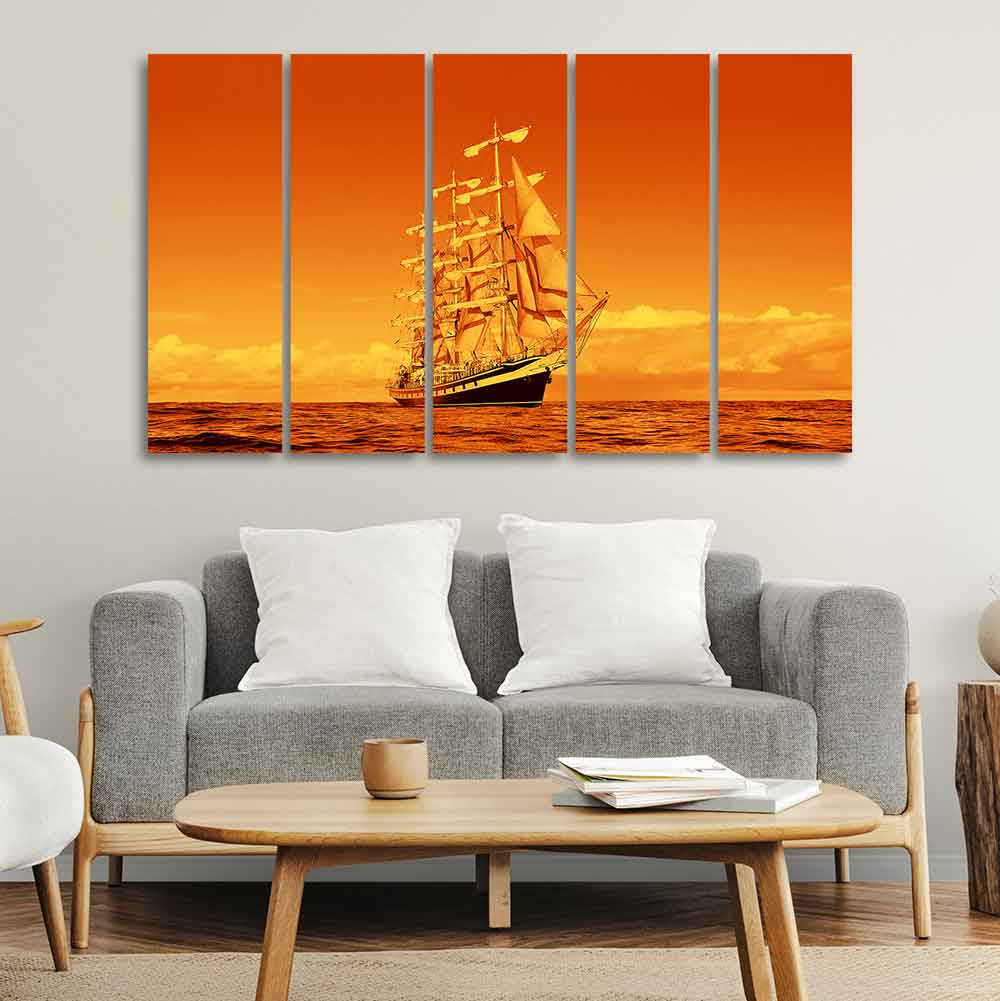 Sailing Ship in Golden Hour Premium Wall Painting Set of Five - Image 3