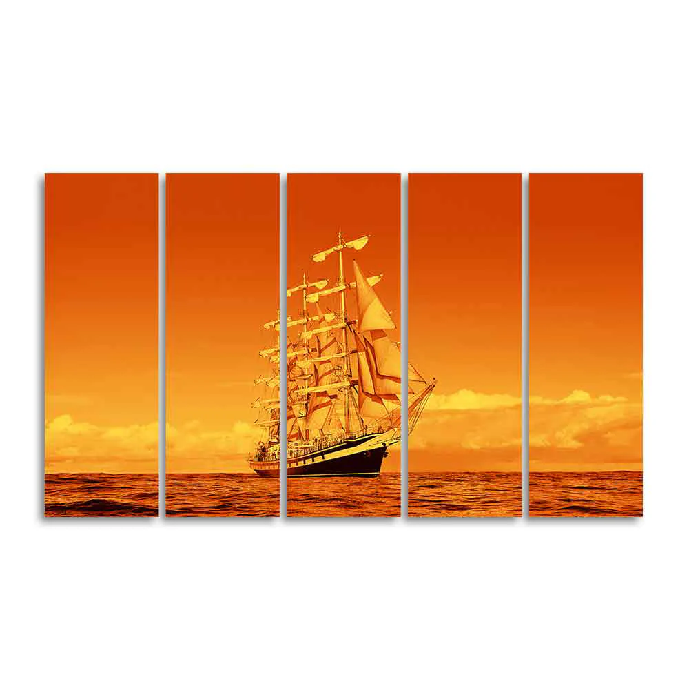 Sailing Ship in Golden Hour Premium Wall Painting Set of Five - Image 4