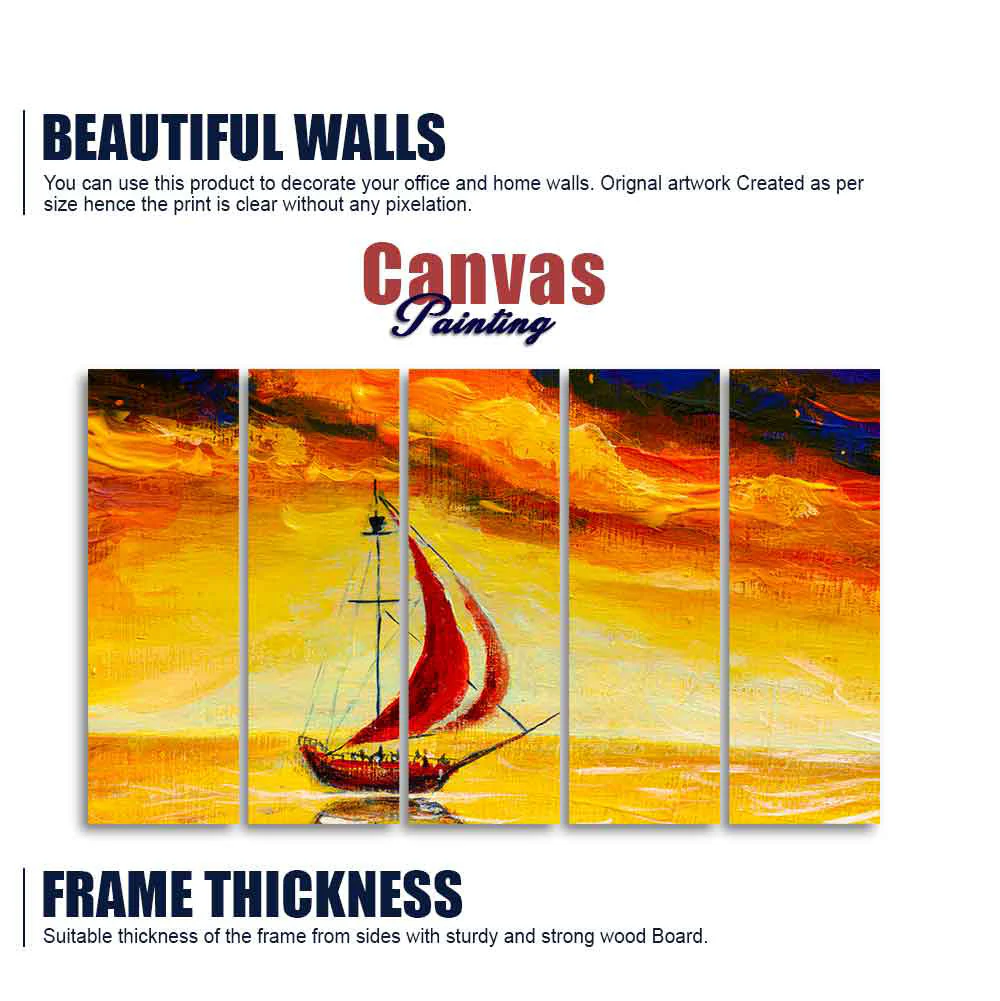 Sailing Ship with Red Sails Five Pieces Wall Painting - Image 5