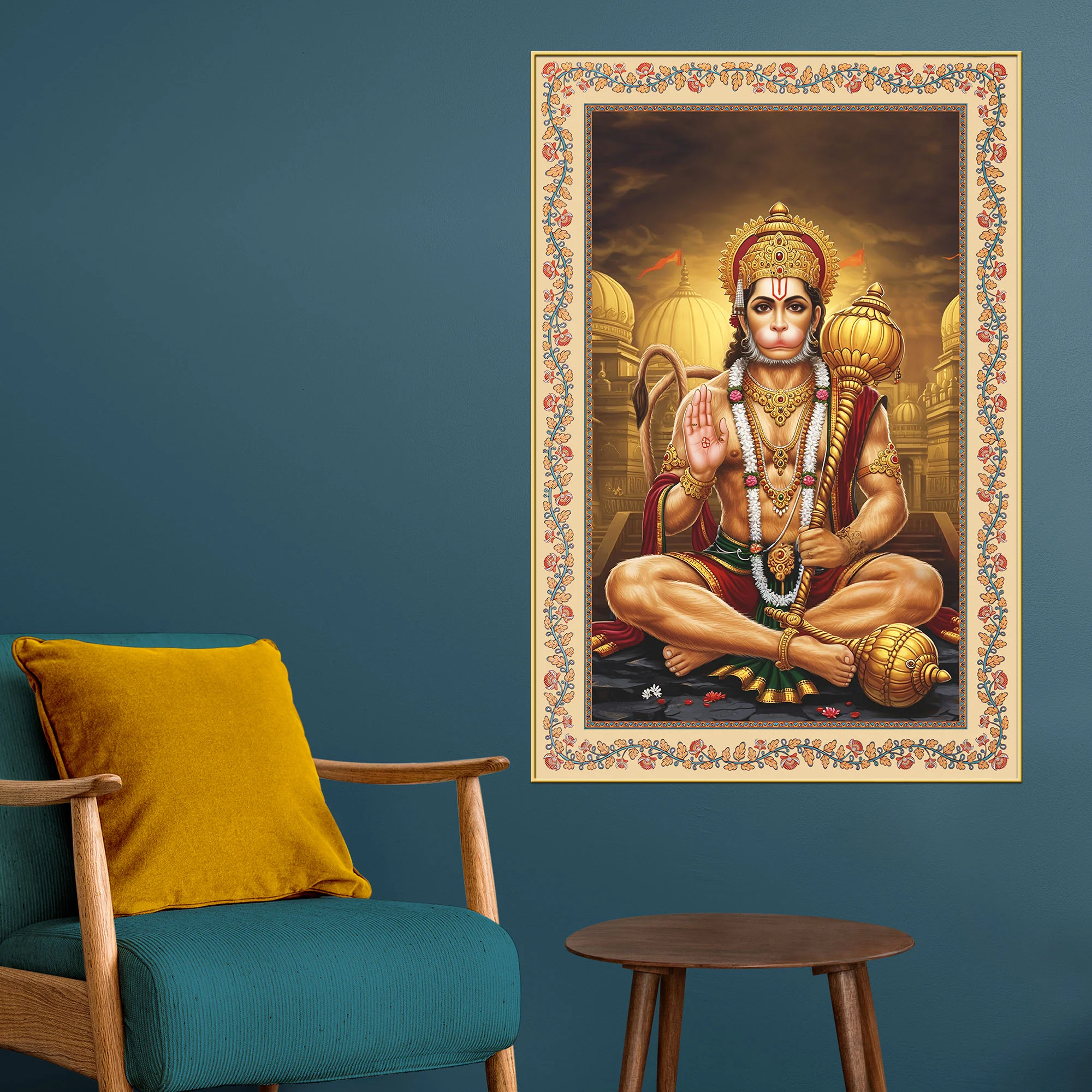Sankat Mochan Hanuman Floral Border Vertical Canvas Wall Painting - Image 2