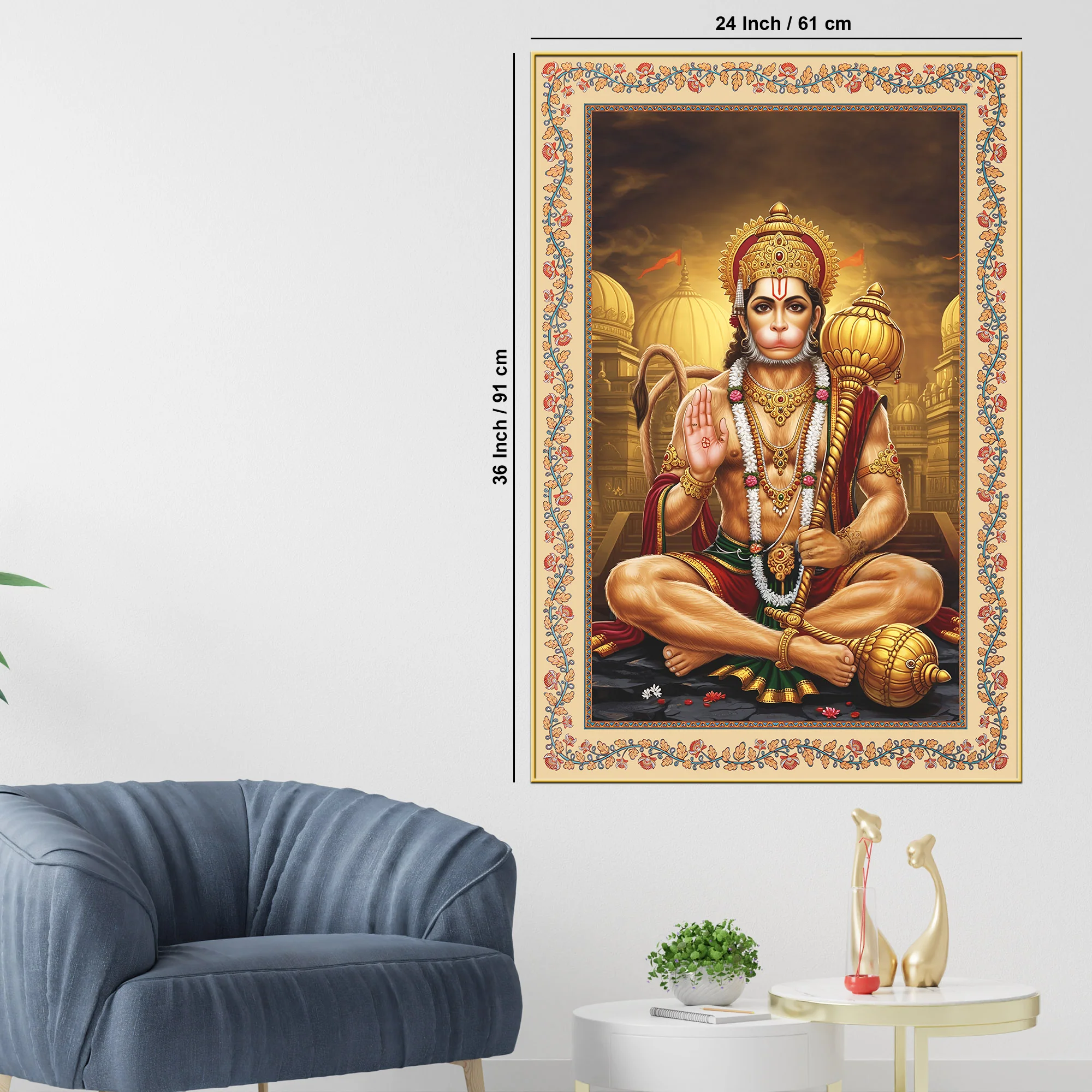 Sankat Mochan Hanuman Floral Border Vertical Canvas Wall Painting - Image 6