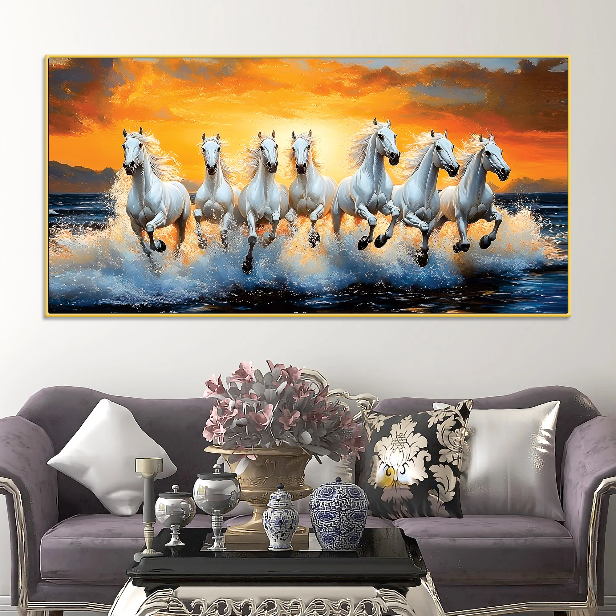 Scenic view of Seven Horses Running at Beach Canvas Wall Painting
