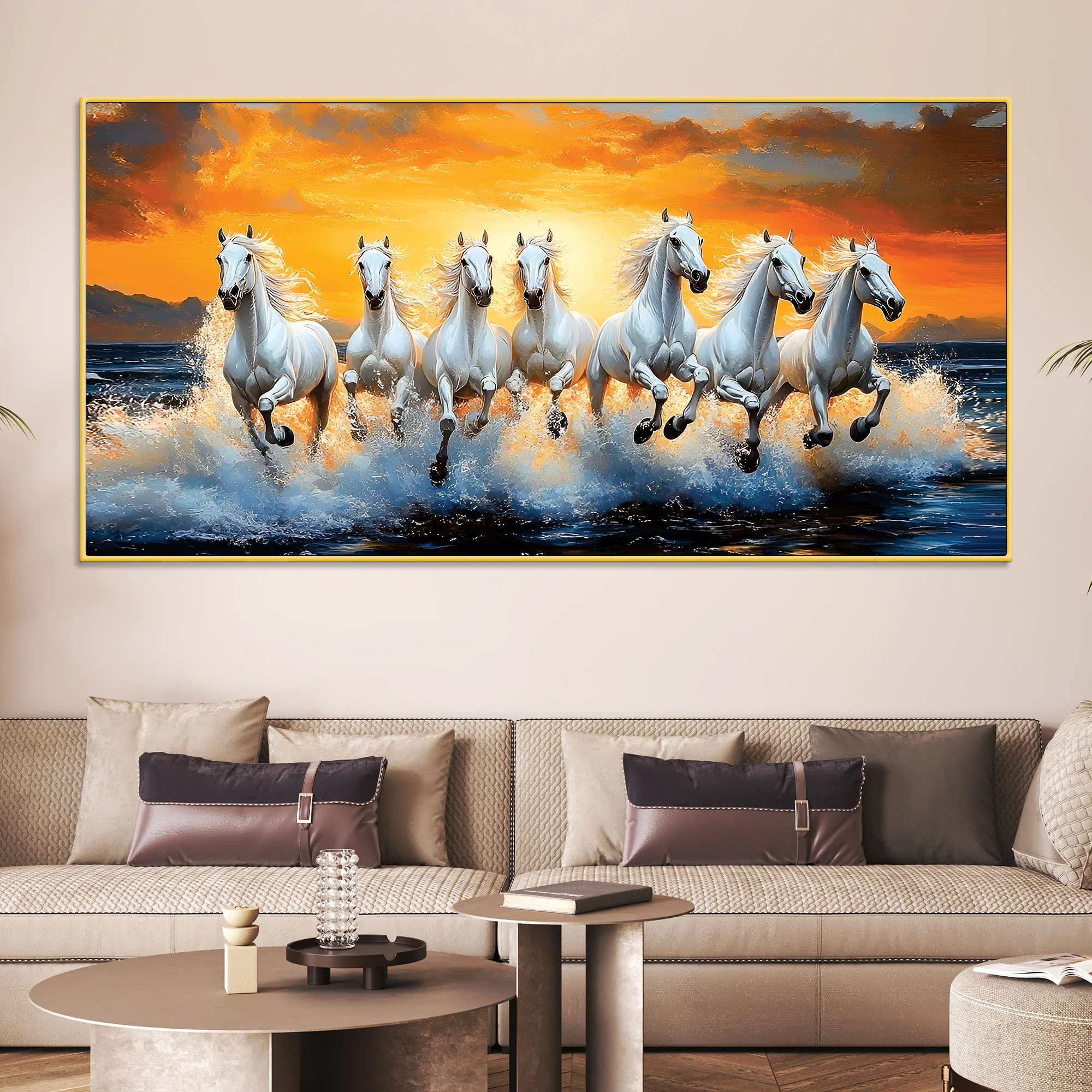 Scenic view of Seven Horses Running at Beach Canvas Wall Painting - Image 2