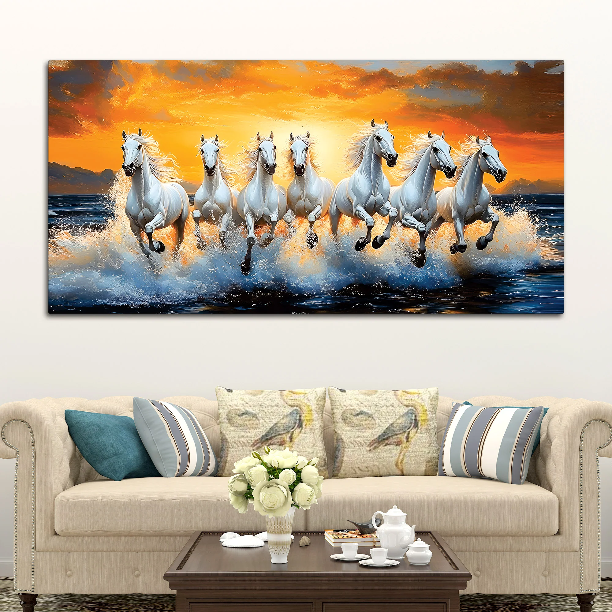 Scenic view of Seven Horses Running at Beach Canvas Wall Painting - Image 3