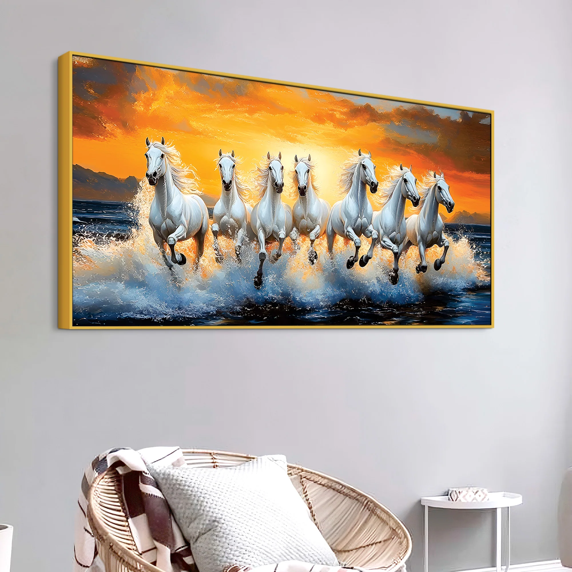 Scenic view of Seven Horses Running at Beach Canvas Wall Painting - Image 4