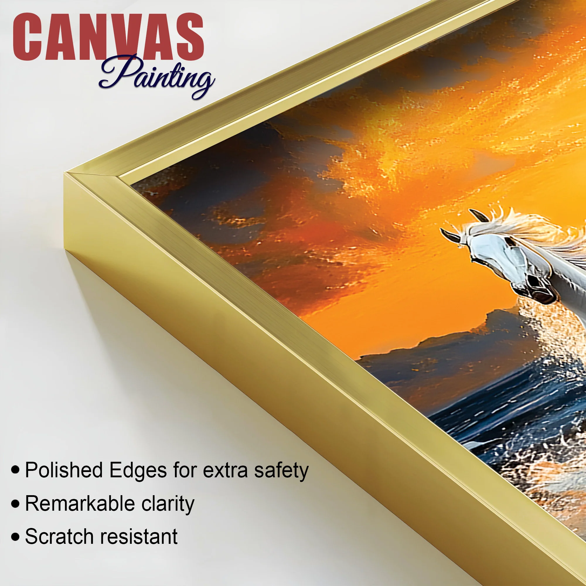 Scenic view of Seven Horses Running at Beach Canvas Wall Painting - Image 6