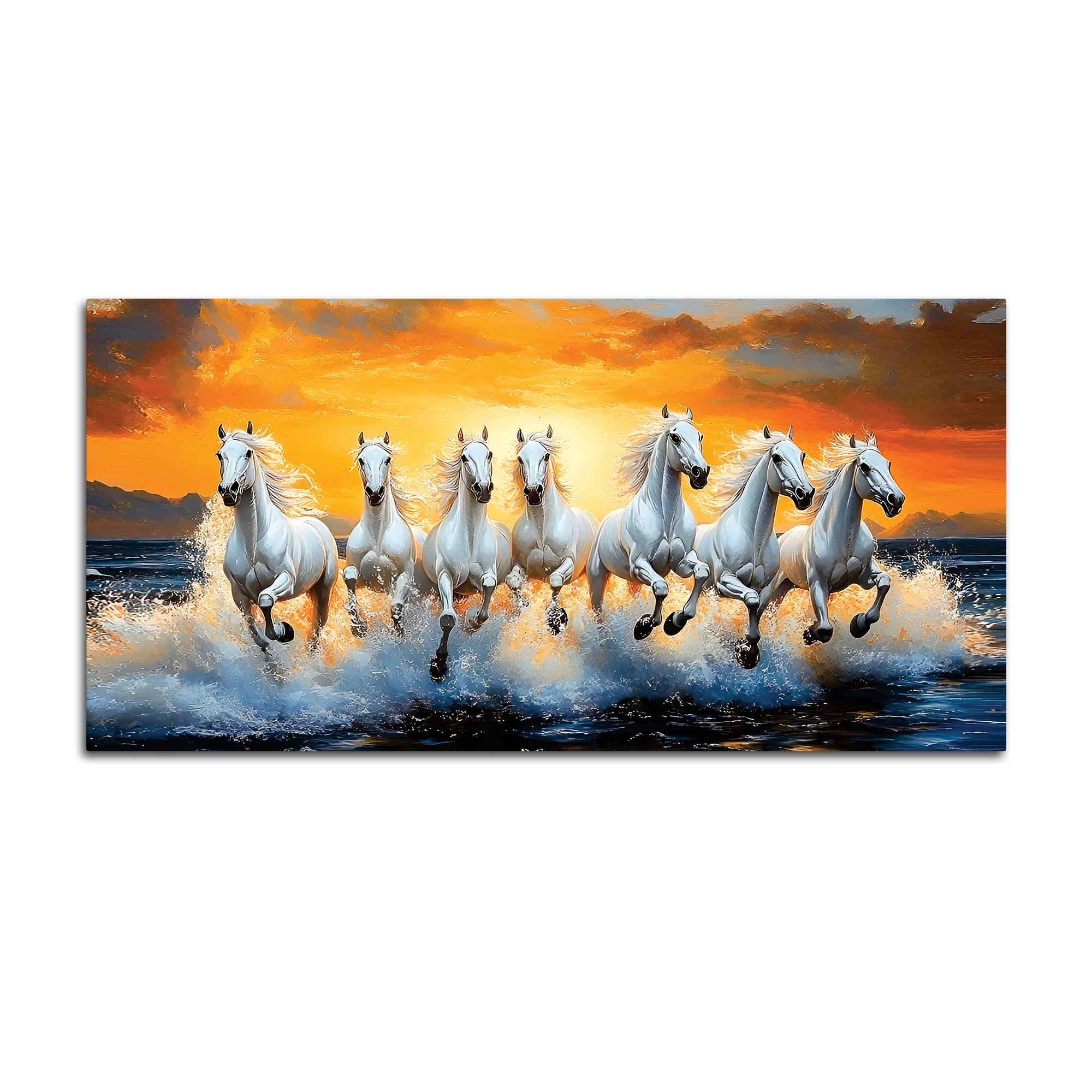 Scenic view of Seven Horses Running at Beach Canvas Wall Painting - Image 7