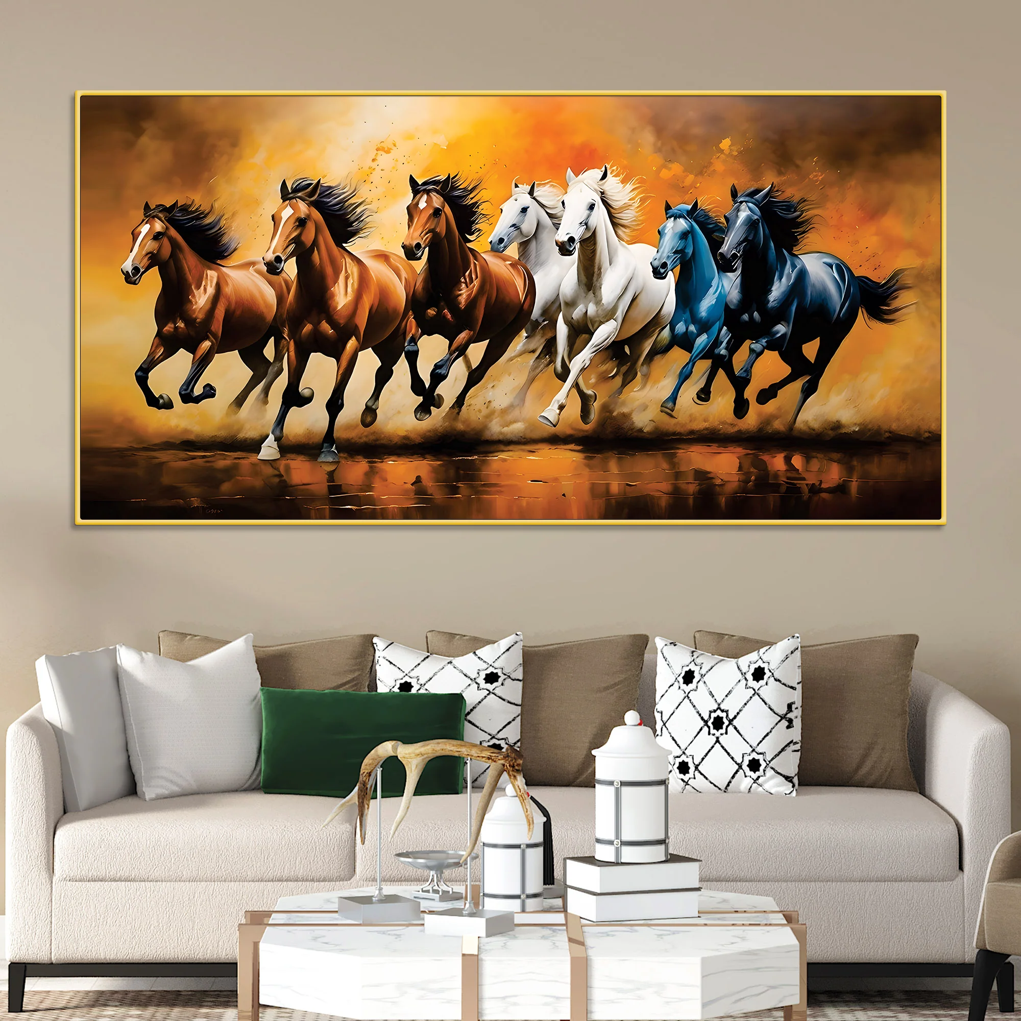 Scenic view of Seven Horses Running Canvas Wall Painting - Image 2