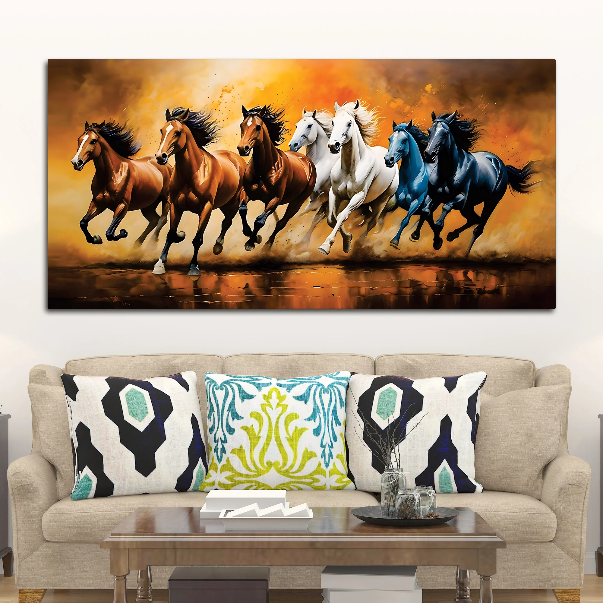Scenic view of Seven Horses Running Canvas Wall Painting - Image 3