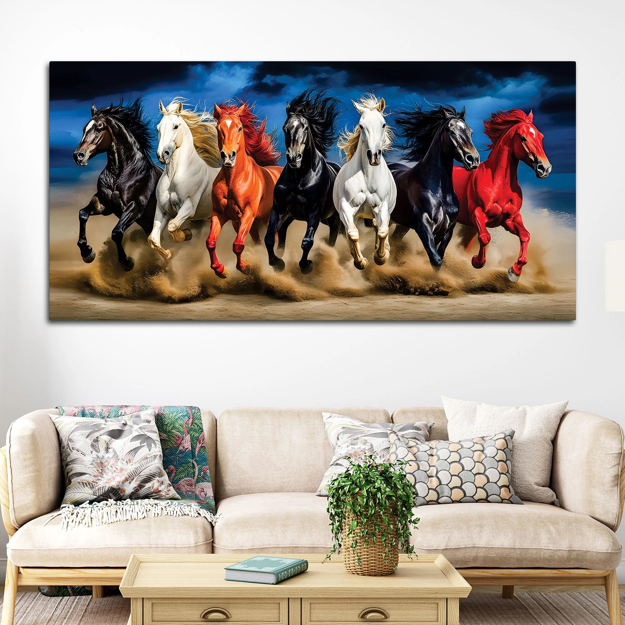 Scenic view Seven Horses Running at Night Canvas Wall Painting - Image 3