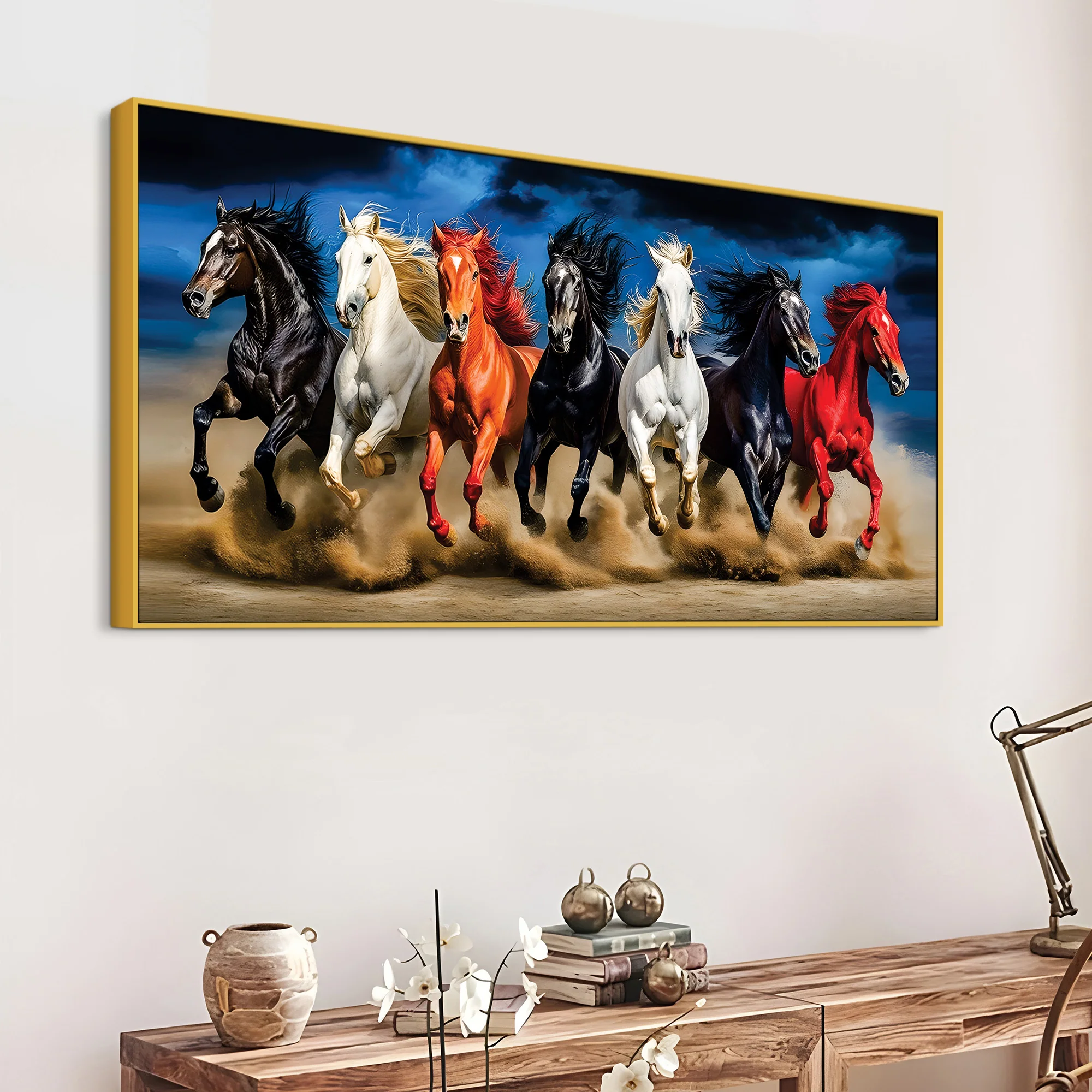Scenic view Seven Horses Running at Night Canvas Wall Painting - Image 4