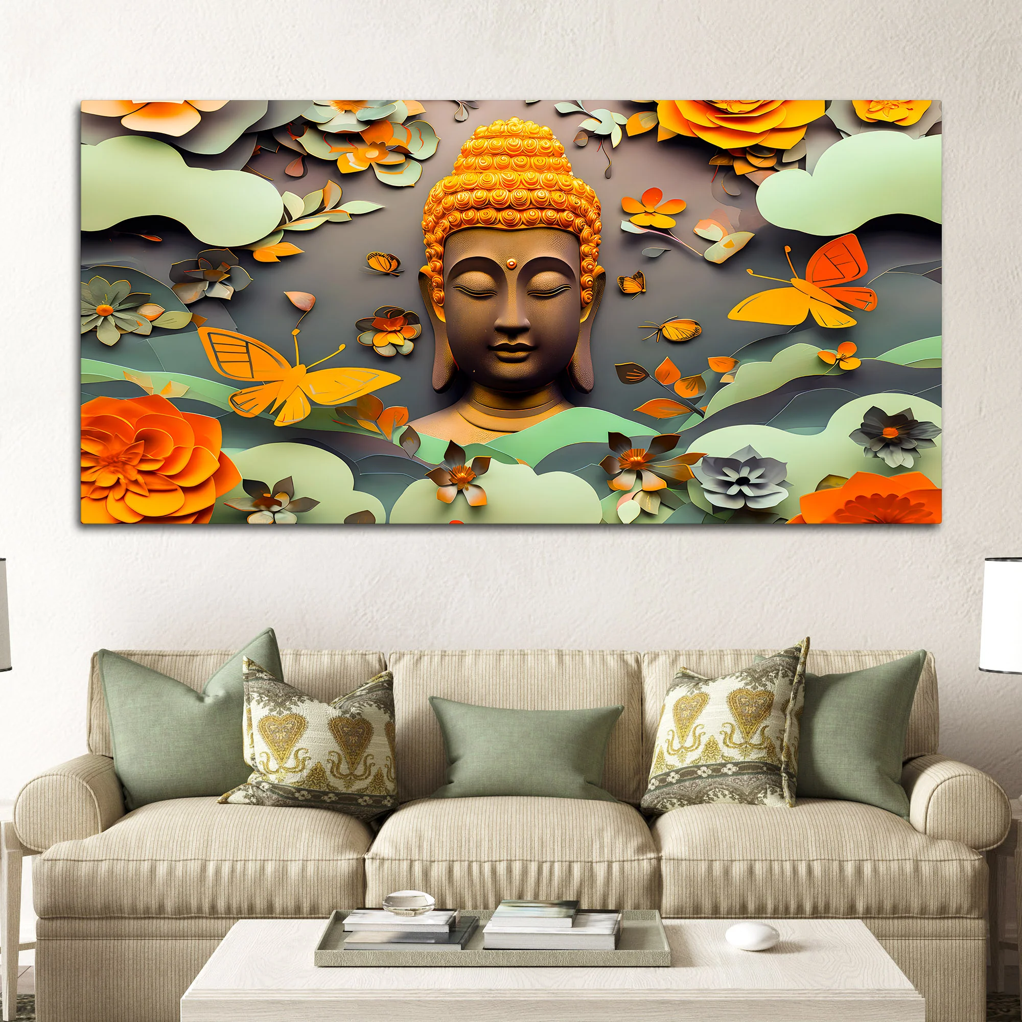 Serene Buddha Wall Canvas Painting with Floral & Butterfly Design - Image 3