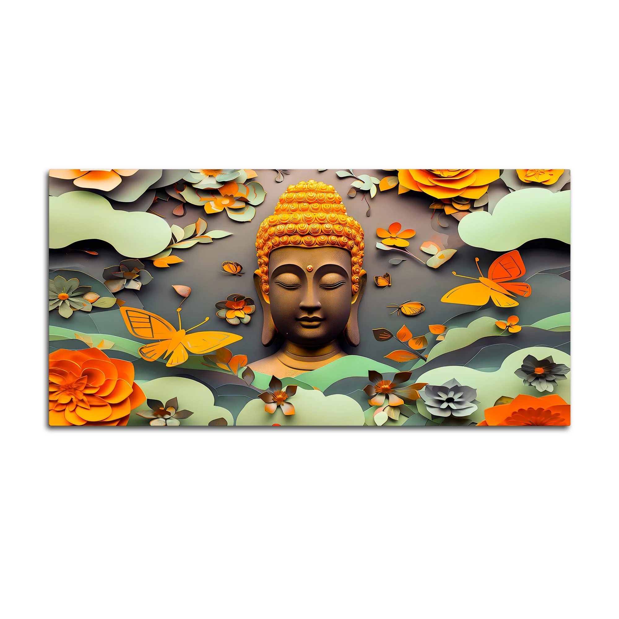 Serene Buddha Wall Canvas Painting with Floral & Butterfly Design - Image 4