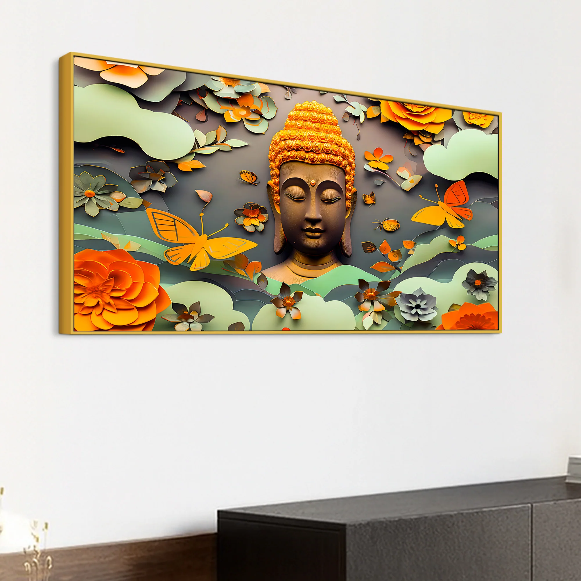 Serene Buddha Wall Canvas Painting with Floral & Butterfly Design - Image 5