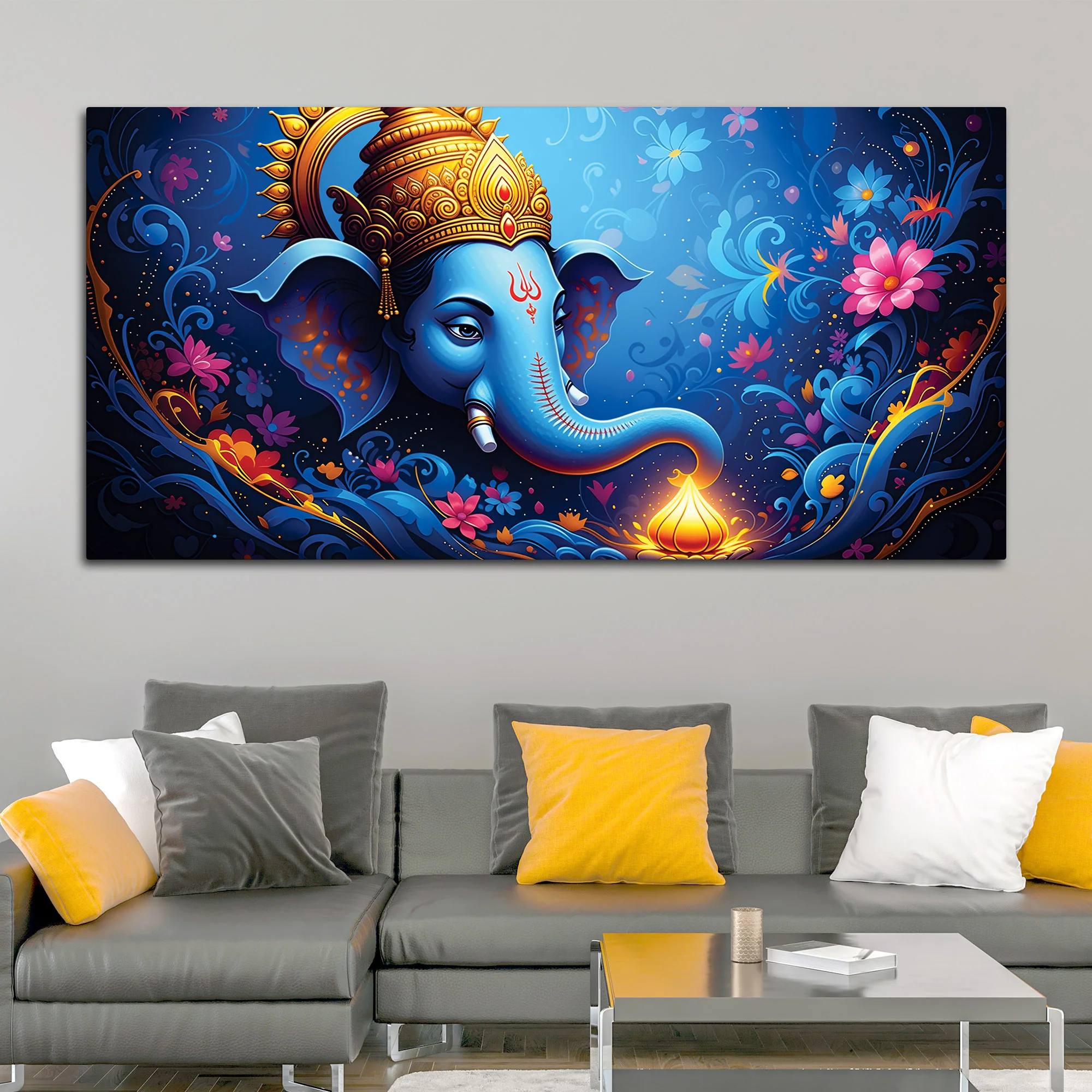Serene Lord Shri Ganesha Blue Floral Themed Canvas Wall Painting for Home & Office – Luxury Spiritual Decor - Image 2