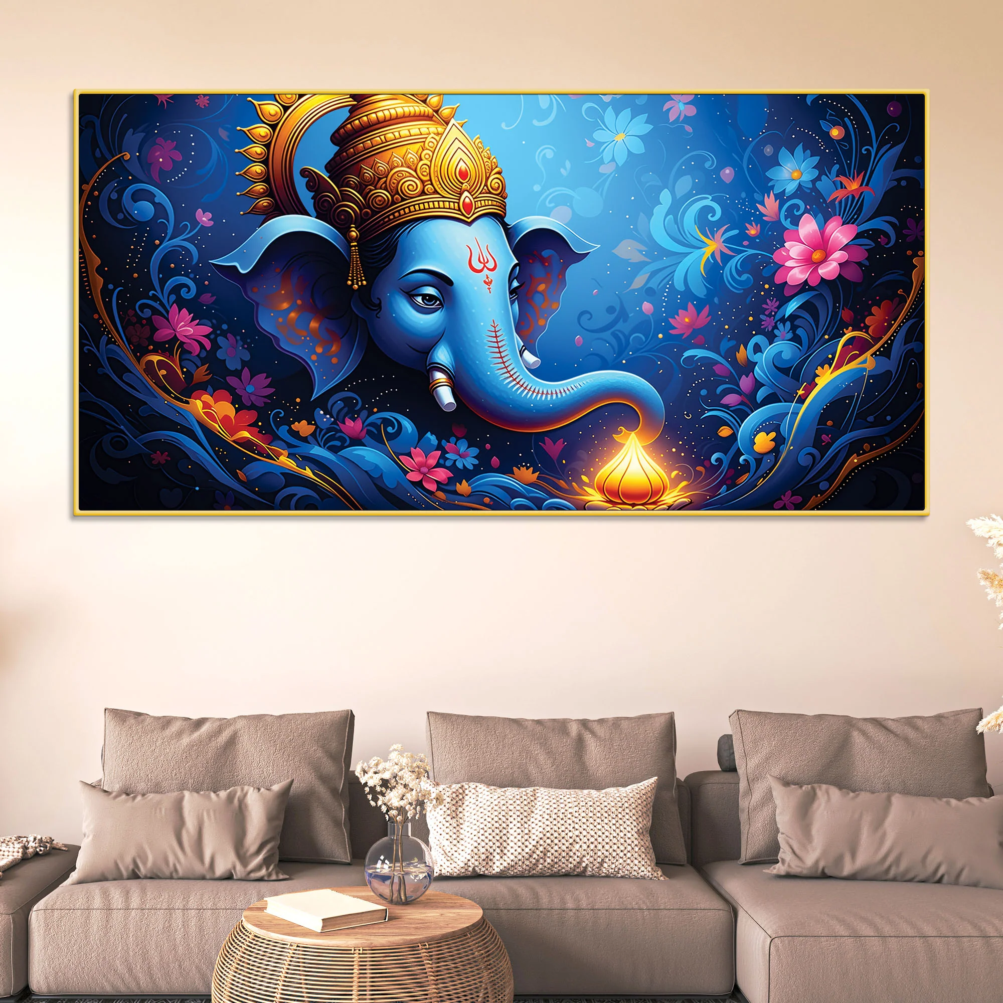 Serene Lord Shri Ganesha Blue Floral Themed Canvas Wall Painting for Home & Office – Luxury Spiritual Decor - Image 3