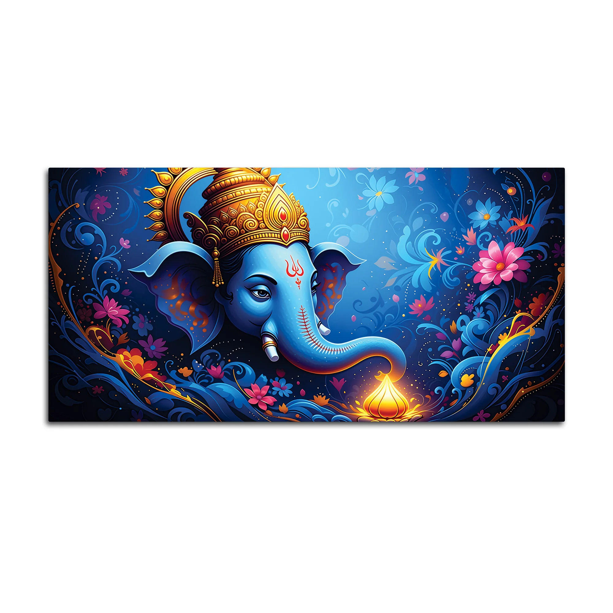 Serene Lord Shri Ganesha Blue Floral Themed Canvas Wall Painting for Home & Office – Luxury Spiritual Decor - Image 4