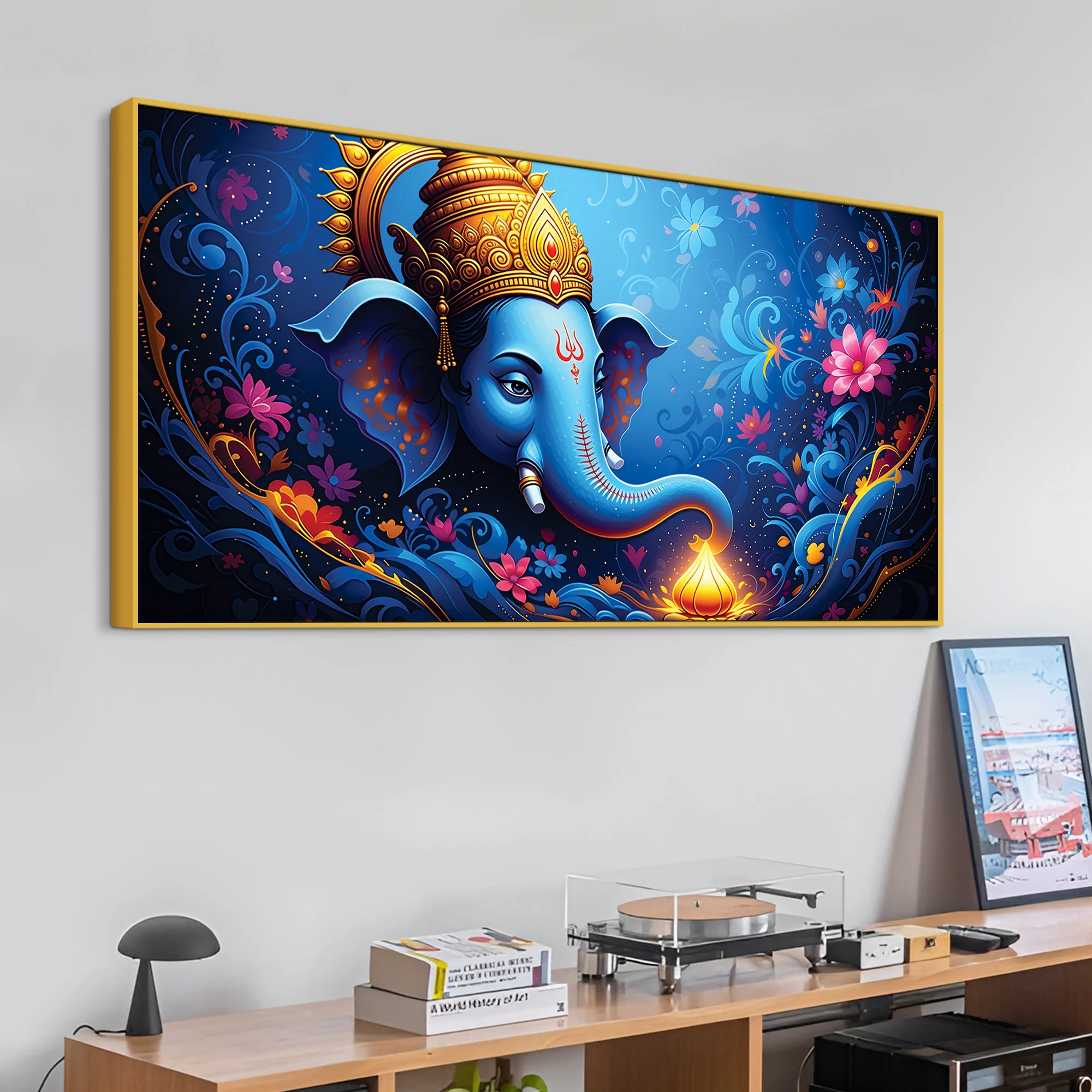 Serene Lord Shri Ganesha Blue Floral Themed Canvas Wall Painting for Home & Office – Luxury Spiritual Decor - Image 5