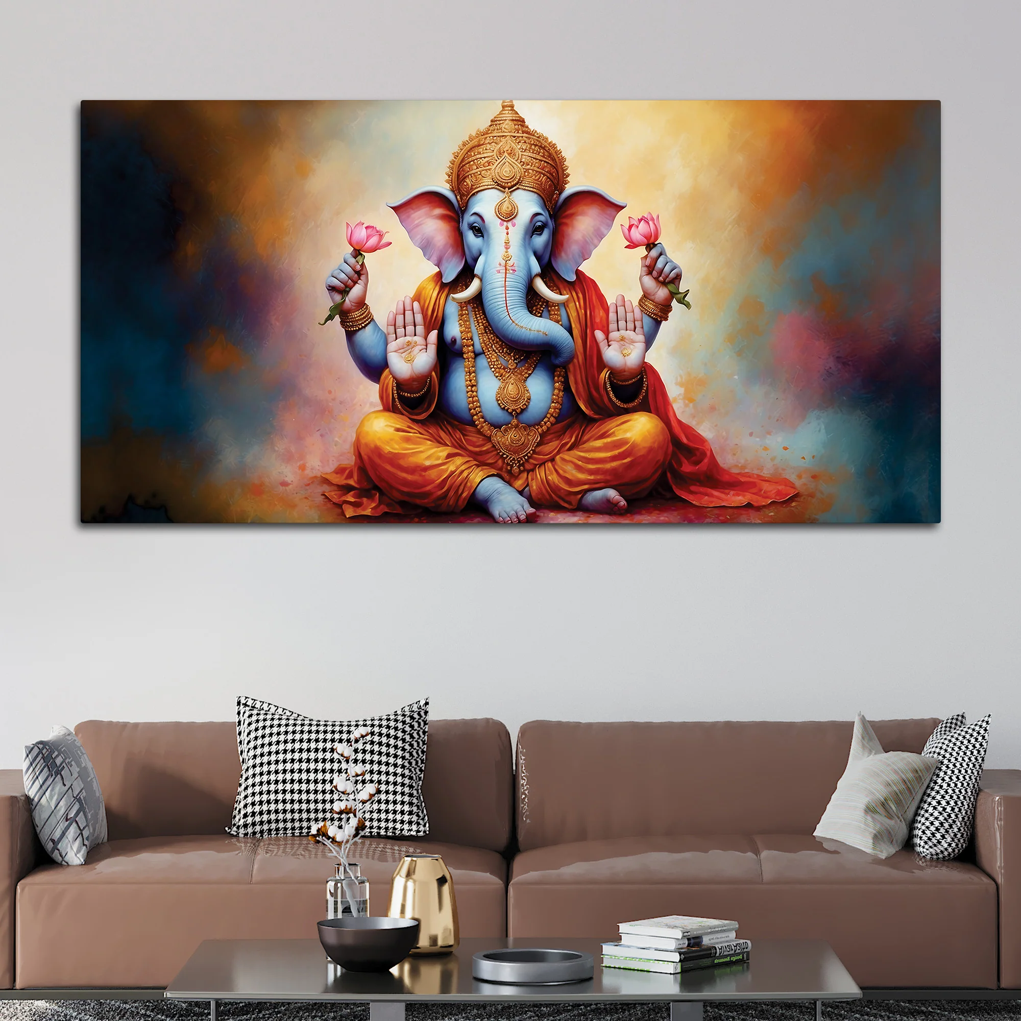 Serene Lord Shri Ganesha Giving Blessings Portrait Wall Painting for Home Interior – Modern Devotional Canvas Wall Art for Home - Image 2