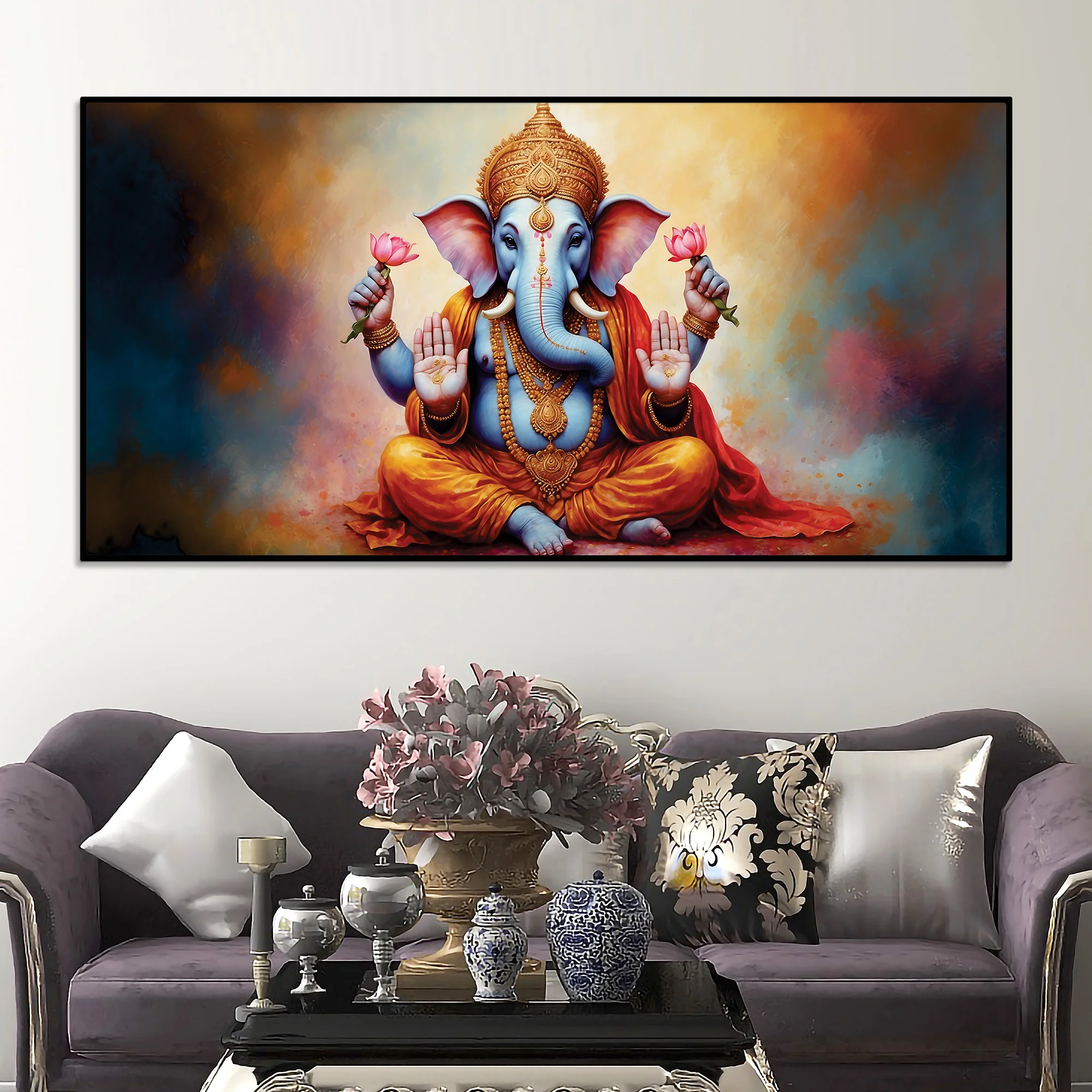 Serene Lord Shri Ganesha Giving Blessings Portrait Wall Painting for Home Interior – Modern Devotional Canvas Wall Art for Home - Image 3