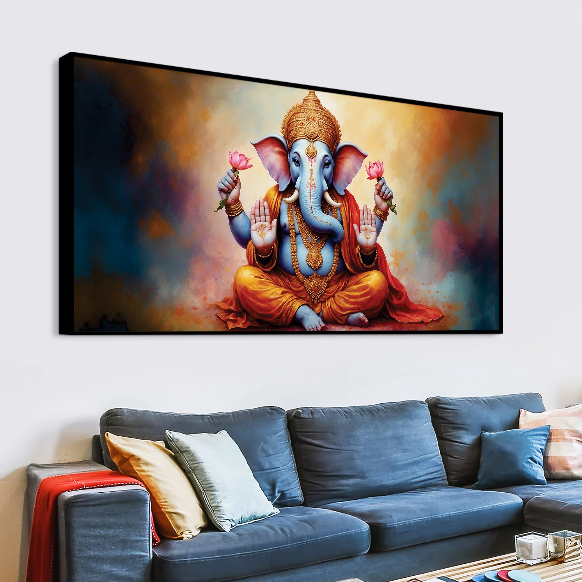 Serene Lord Shri Ganesha Giving Blessings Portrait Wall Painting for Home Interior – Modern Devotional Canvas Wall Art for Home - Image 5