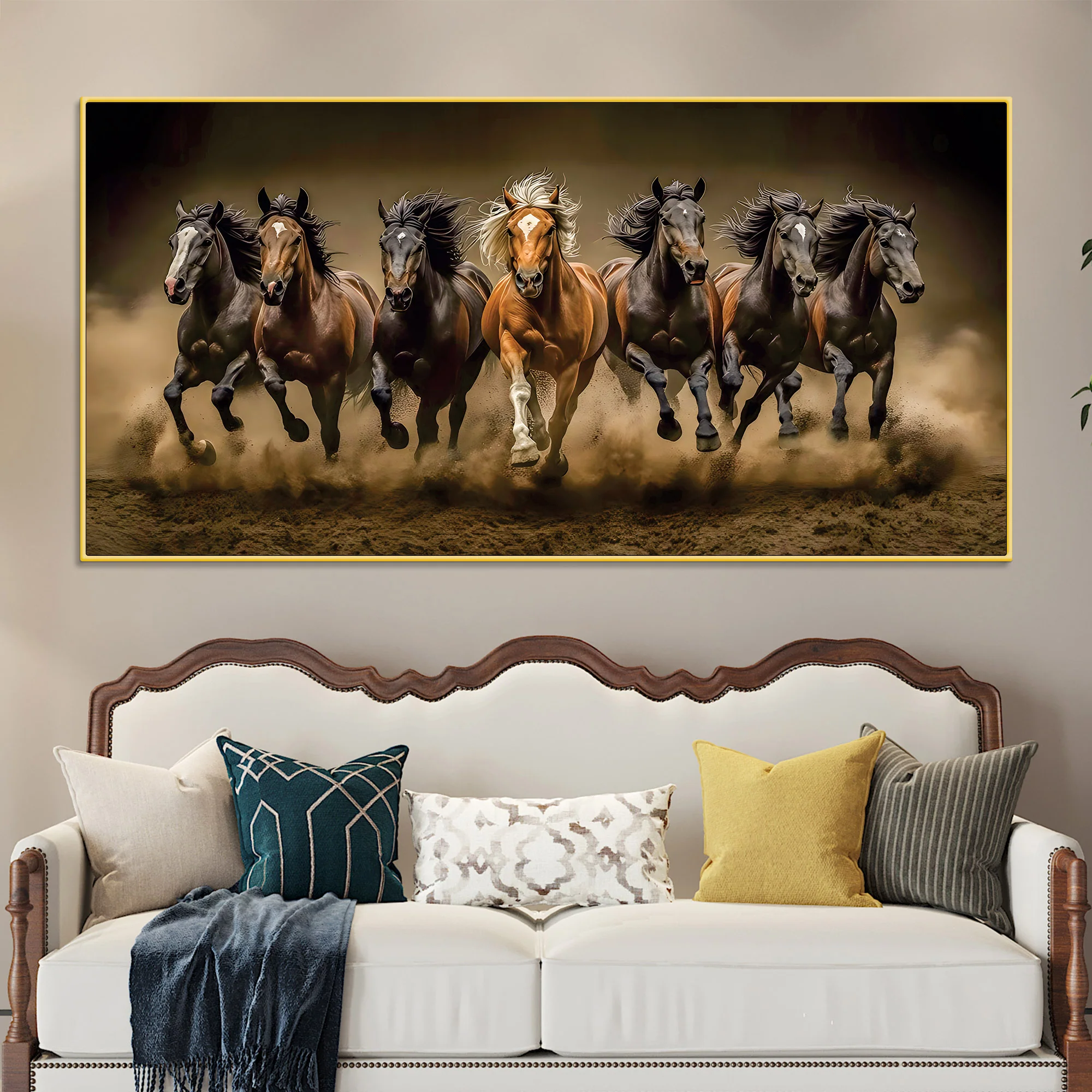 Seven Furious Horses Running Canvas Wall Painting - Image 2
