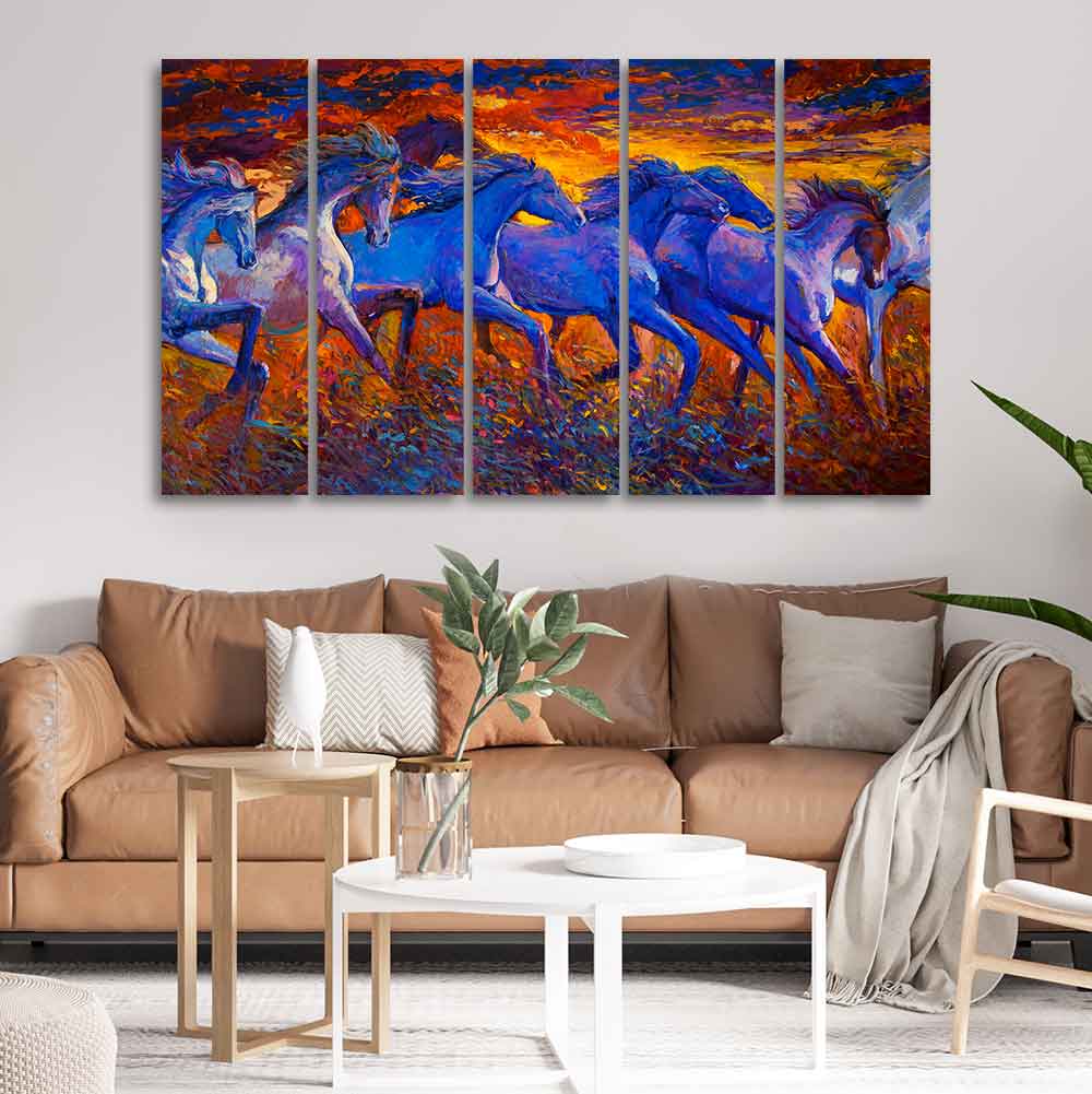 Seven Horse Running in Field Five Pieces Canvas wall Painting - Image 2