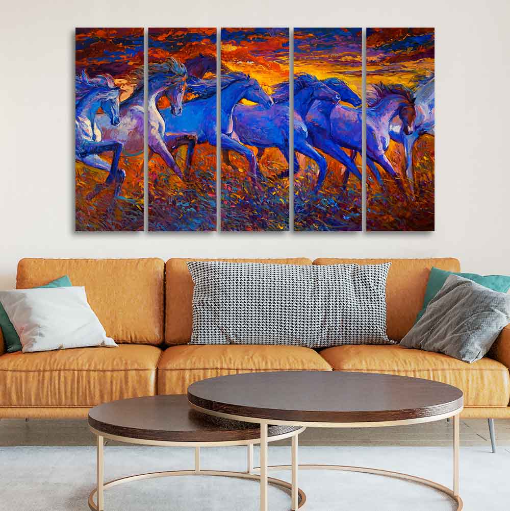Seven Horse Running in Field Five Pieces Canvas wall Painting - Image 3