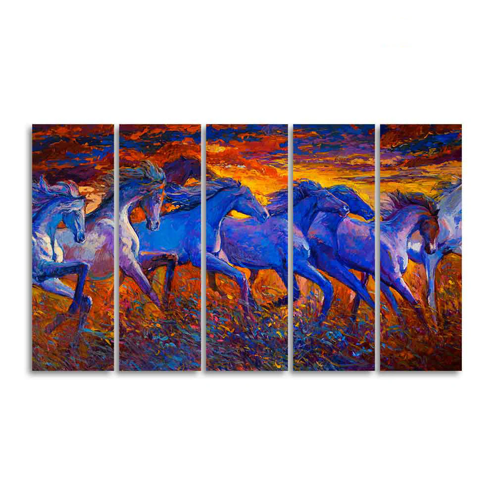 Seven Horse Running in Field Five Pieces Canvas wall Painting - Image 4