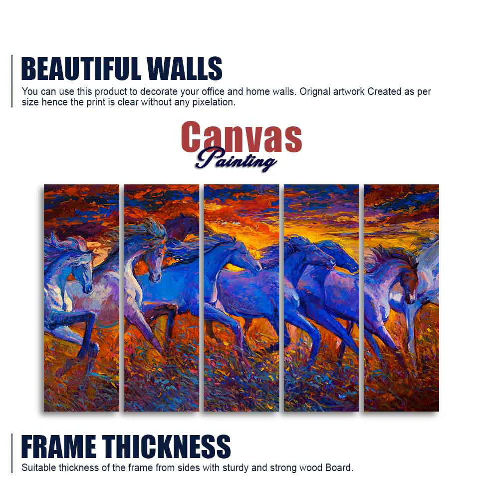 Seven Horse Running in Field Five Pieces Canvas wall Painting - Image 5