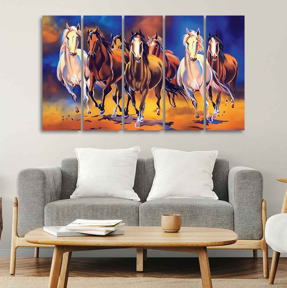 Seven Horses Five Pieces Premium Canvas Bedroom Wall Painting - Image 2