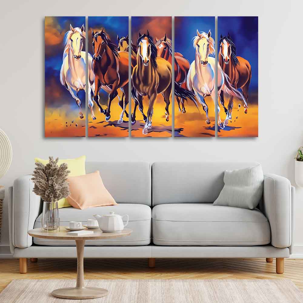 Seven Horses Five Pieces Premium Canvas Bedroom Wall Painting - Image 3