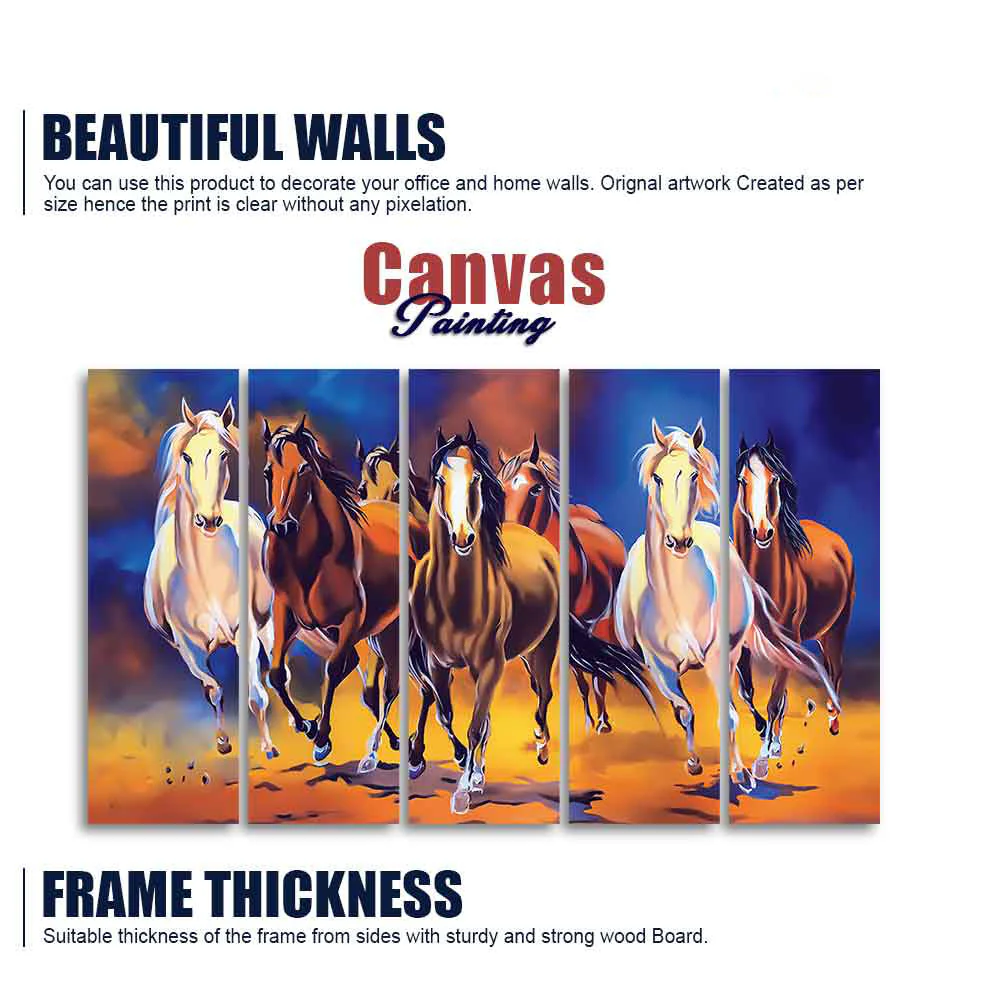 Seven Horses Five Pieces Premium Canvas Bedroom Wall Painting - Image 5