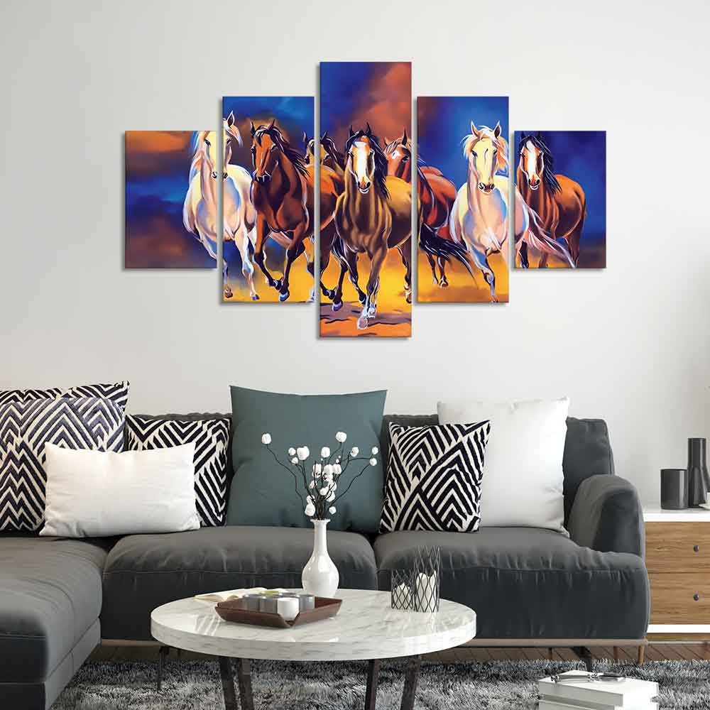 Seven Horses Five Pieces Premium Canvas Wall Painting - Image 2