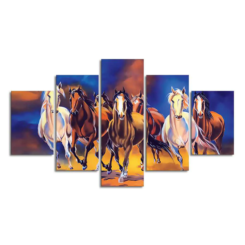 Seven Horses Five Pieces Premium Canvas Wall Painting - Image 4