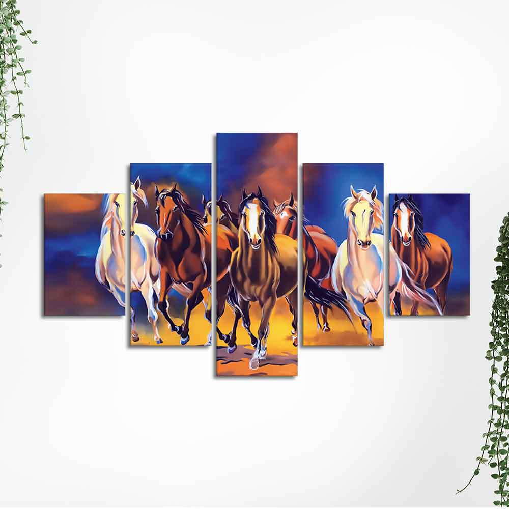 Seven Horses Five Pieces Premium Canvas Wall Painting - Image 5