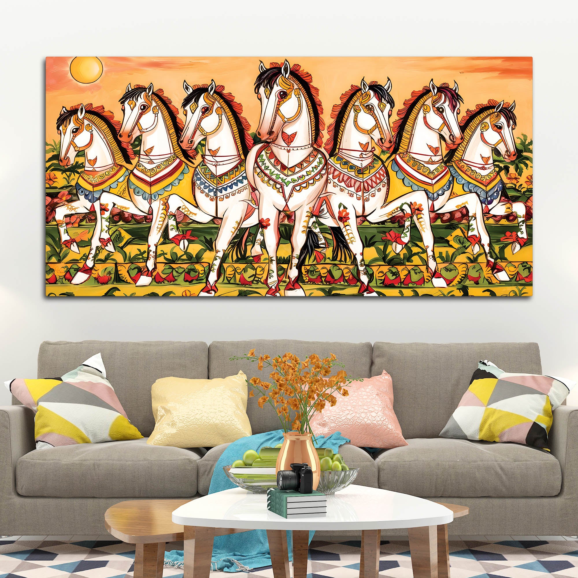 Seven Horses Folk Art Canvas wall Painting - Image 3