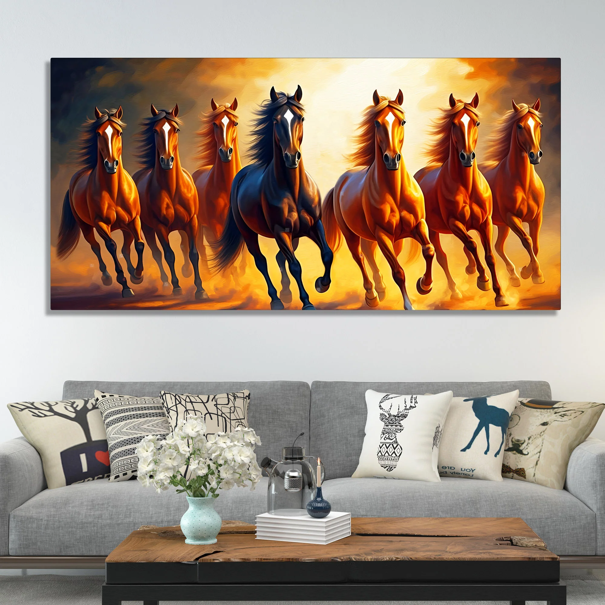 Seven Horses Running at Sunset Wooden Canvas Wall Painting - Image 2