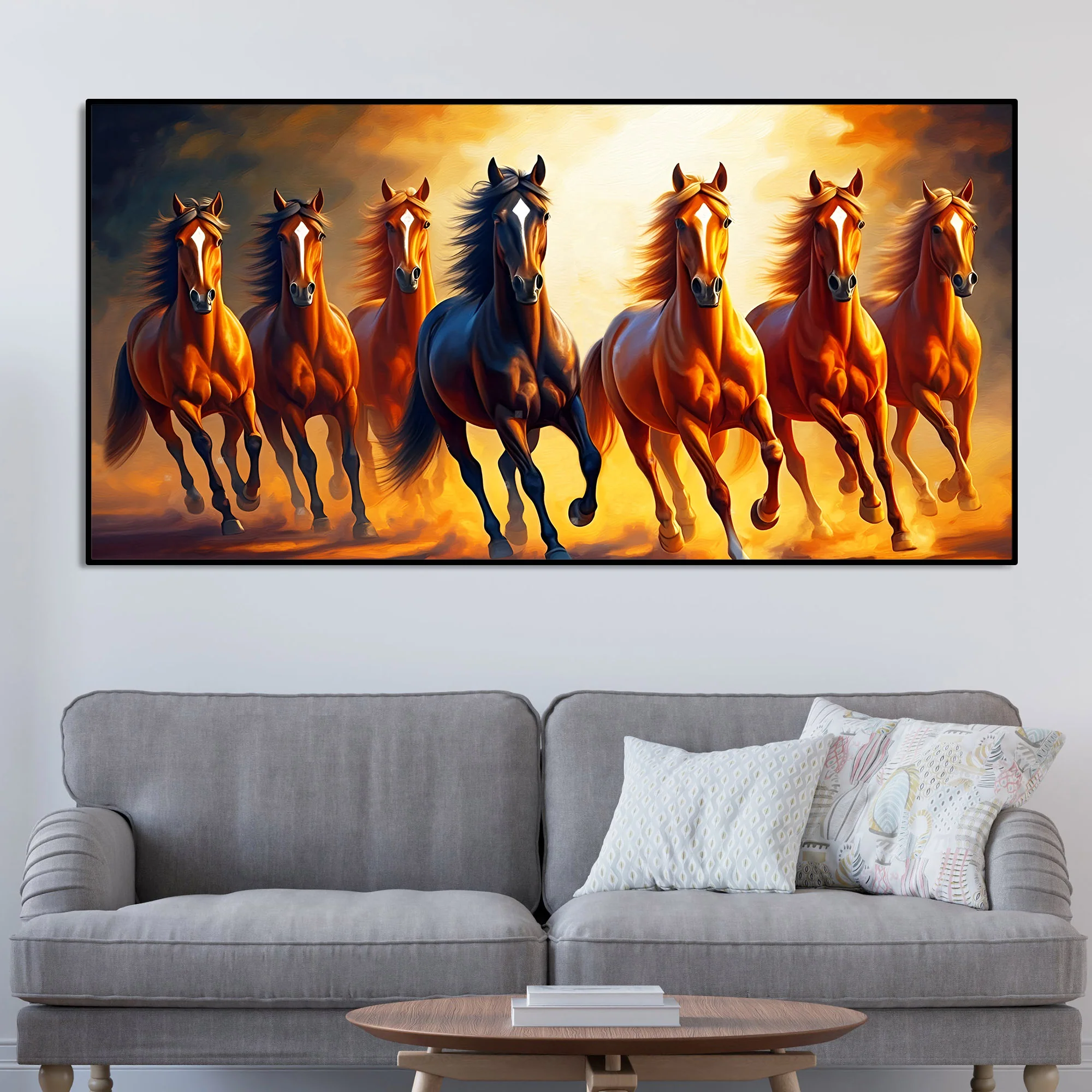 Seven Horses Running at Sunset Wooden Canvas Wall Painting - Image 3