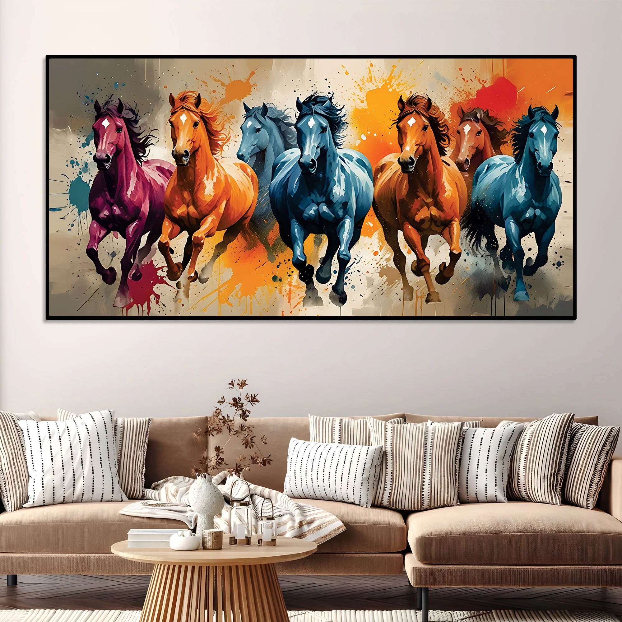 Seven Horses Running colorful Watercolor Art Canvas Wall Painting - Image 2