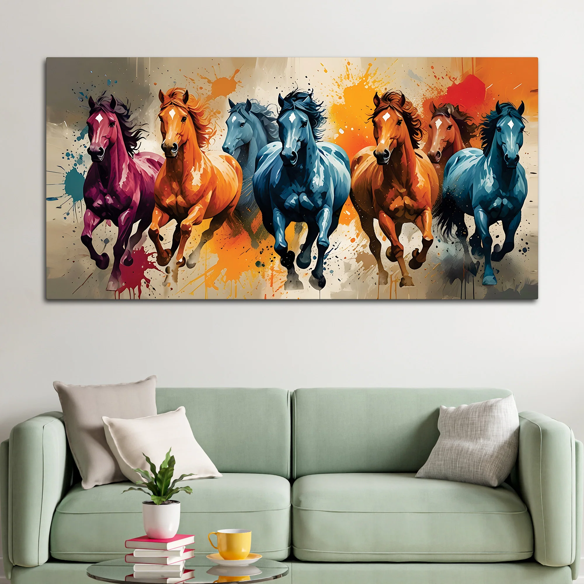 Seven Horses Running colorful Watercolor Art Canvas Wall Painting - Image 3